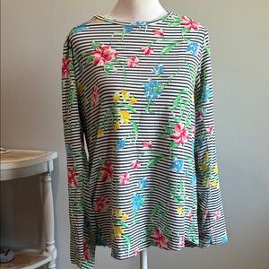 [IBKUL] Floral Stripe Long Sleeve Top - Black, White, Multicolor - Size Large